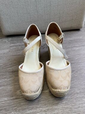 Coach Beige Canvas Espadrille Wedge Sandals with Ankle Strap